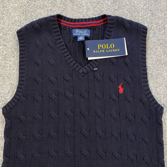 Polo Ralph Lauren Cable Knit V-Neck Sweater Vest Youth Boys 6 Navy Blue Red Pony - Picture 2 of 14